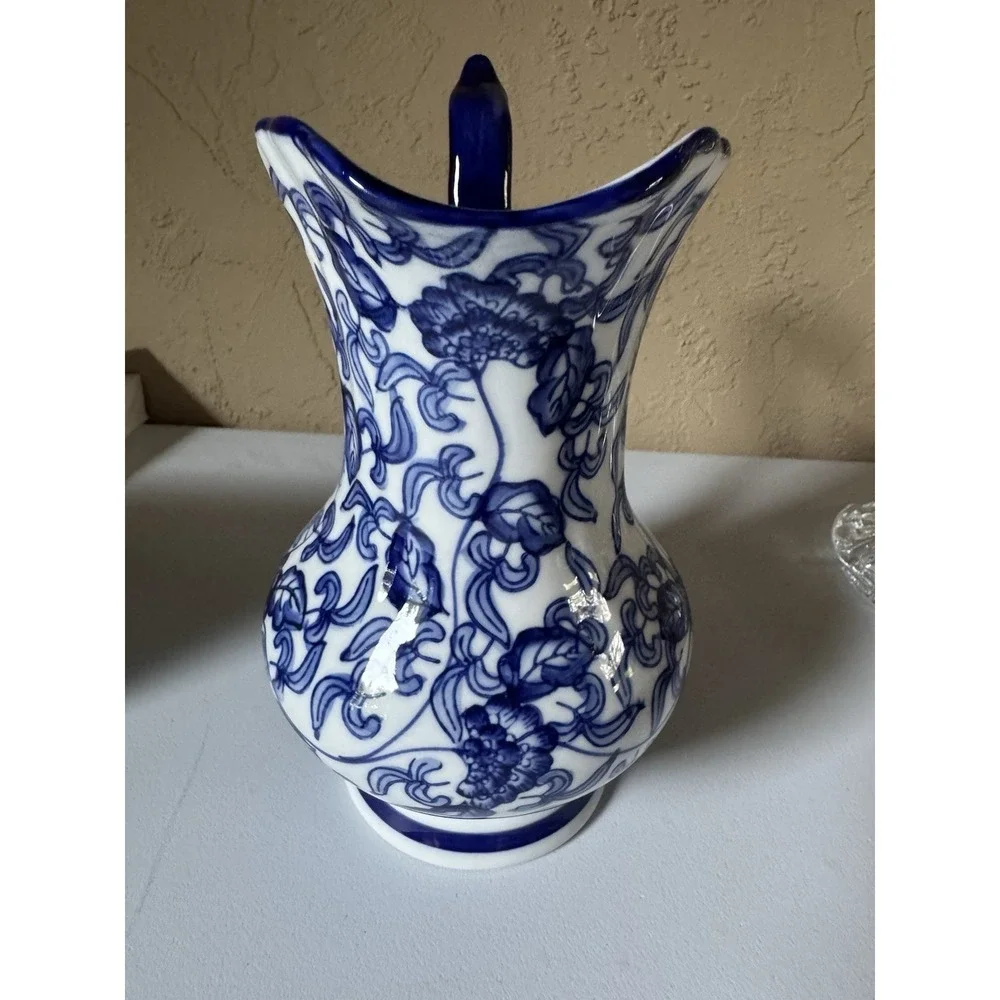 Vintage Blue And White Ceramic Pitcher Floral Chinoiserie Twig Handle 7 in Vase